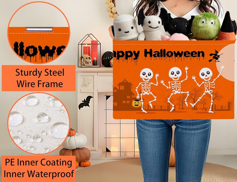 BOOHIT Large Halloween Themed Candy Gift Boo Basket for Kids Baby Personalized Adults Storage Bin Fall Decor(Orange Dance Skeleton) - Image 3